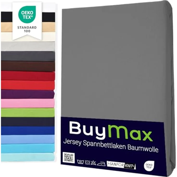 Buymax Spannbettlaken 120x200 cm Doppelpack 100% Baumwolle Spannbetttuch Bettlaken Jersey, Matratzenhöhe bis 25 cm, Farbe Anthrazit-Grau – Bild 2
