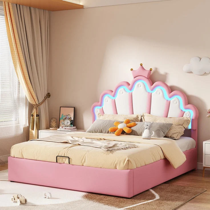 Prinzessinbett mit Lattenrost und LED-Beleuchtung, 140x200 cm, Mädchenbett, Polsterbett für Mädchen, Stauraumbet, Kunstleder – Bild 4