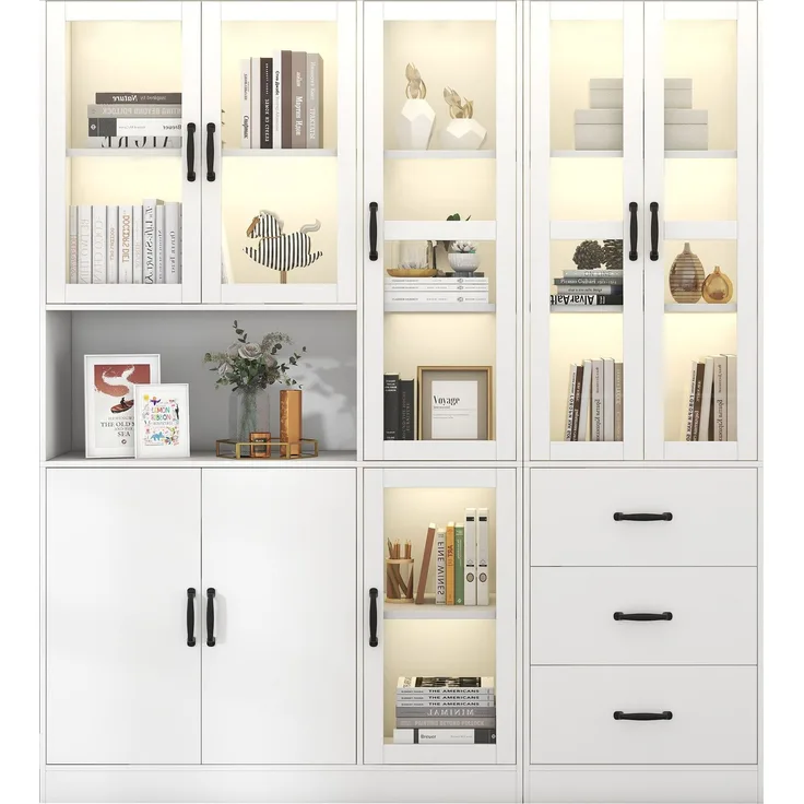 Merax Modernes weißes Kombivitrinen-Set 200 cm hoch und 180 cm lang, weiße Standvitrine mit LED-Beleuchtung, 8 Türen, 3 Schubladen
