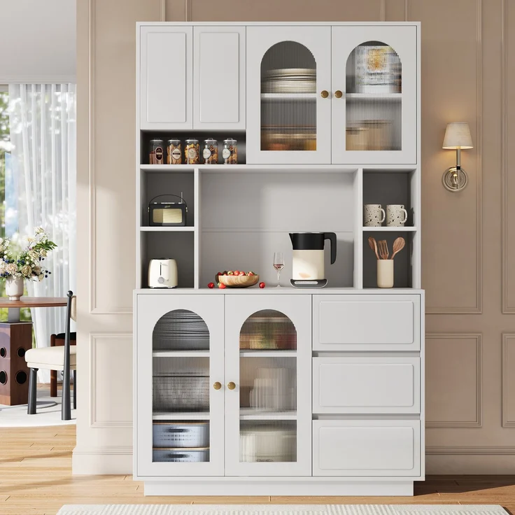 Merax Hoher Sideboard Schrank, Küchen Staurschrank mit Bogen-Acryltüren, Bar-Schrank mit offenen Fächern, Schrank mit APP-gesteuerter farbverstellbarer LED-Beleuchtung, Weiß – Bild 5