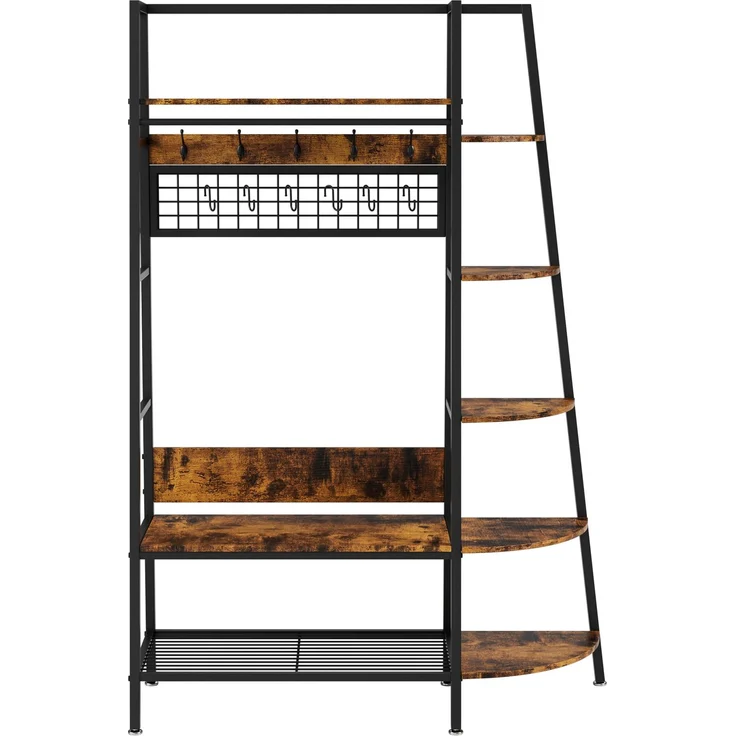 Freistehende, offene Garderobe im Industriestil mit Ablagen – Retro-braune Hängegarderobe für Schlafzimmer, Wohnzimmer und Homeoffice – Multifunktionale Aufbewahrung für Kleidung und Schuhe – Schwarz + Braun – 118 x 41,5 x 183 cm – YOUDENOVA – Bild 10