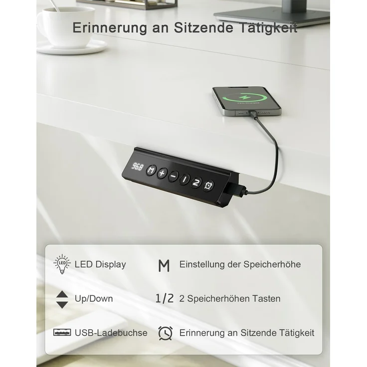 JUMMICO Höhenverstellbarer Schreibtisch mit USB-Ladeanschluss 100x60 cm, Schreibtisch Höhenverstellbar Elektrisch, Steh-Sitz Tisch Stehpult Verstellbarer Computertisch,Standing Desk,Weiß – Bild 4