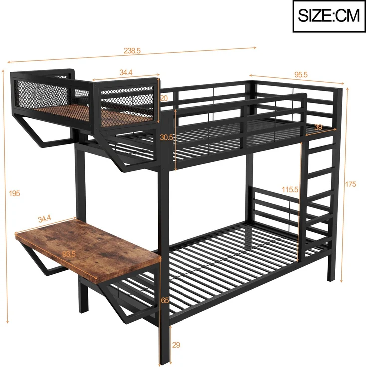 ZUBALIYA Metall-Etagenbett (90 x 200 cm) mit Schreibtisch und Ablagefächern, Lattenrost, platzsparendes Hochbett für Kinder, Jugendliche und Erwachsene, Schwarz – Bild 6