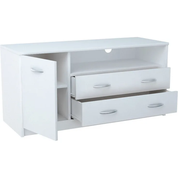 Home Collective TV-Schrank 110cm breit Lowboard mit matter Oberfläche Fernsehtisch mit 1 Tür (abgerundete Kante und Metall-Rollschienen Fernsehkommode) 2 Schubladen und 2 Regalen aus laminiertem Board weiß