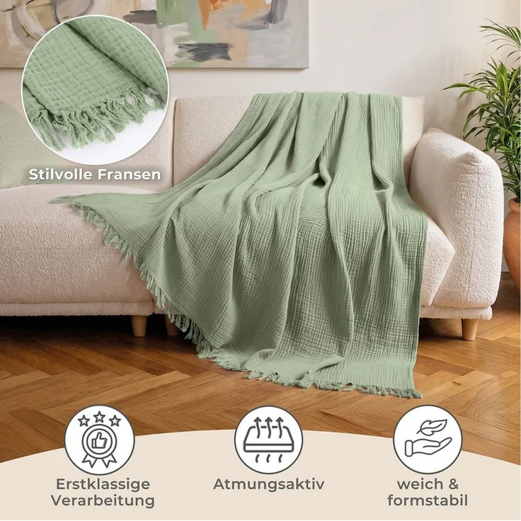 Laynenburg Tagesdecke Musselin mit Fransen aus 100% Baumwolle – Baumwolldecke, Wohndecke als Sommerdecke, Bett-Überwurf, Sofa-Decke, Kuscheldecke – Bild 3