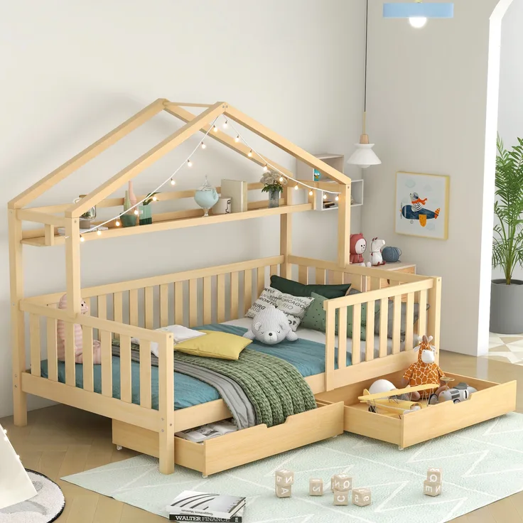 Hausbett Kinderbett, mit Schubladen, Lattenrost, für Kinder- und Jugendzimmer, Massivholz Kiefer, natur, 90 x 200 cm