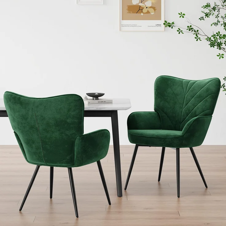 COLAMY Esszimmerstühle mit Armlehnen 2er Set, Stühle Esszimmer mit Rückenlehne, Polsternder Küchenstühle Gepolstert mit Wingback, Dining Chairs mit Holzbeinen für Esszimmer, Küche, Restaurant, Grün