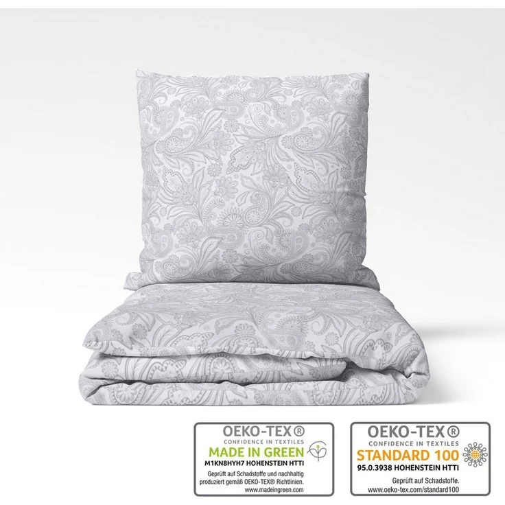 LINKHOFF Bettwäsche Biber Bettwäsche 135x200cm / 155x220 - 2tl. Blumenmuster in Grau Weiß, 100% Baumwolle - Bettwäsche-Set Aesthetic Floral Paisley Zweige – Bild 3