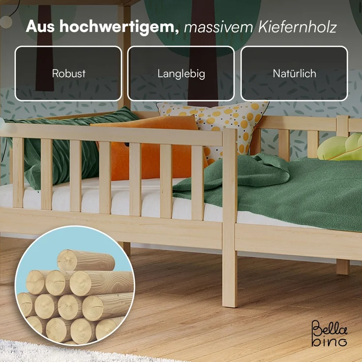 Bellabino 'Bia' Hausbett 90x200 cm, natur, Kiefer Massivholz, Montessori Kinderbett mit Rausfallschutz und Lattenrost – Bild 6