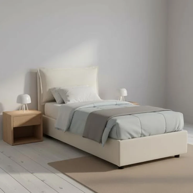 Talamo Italia - Vanessa Einzelbett, Bettkasten mit Stoffbezug, 100 % Made in Italy, Öffnung vorne, geeignet für Matratze 80x190 cm, Beige – Bild 1