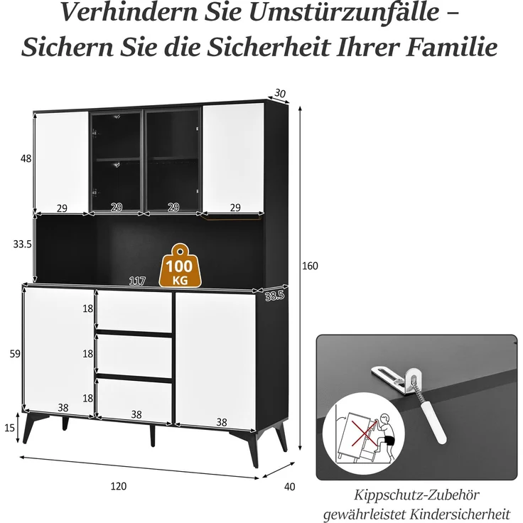 Hochschrank, Vitrine, Anrichte, Sideboard, Esszimmerschrank, Wohnzimmerschrank, Schwarz-Weiß Optik, Küchenschrank, Vitrine mit Glasfront,3 Schubladen, goldener Gläserhalter, per App farbverstellbare L--Schwarz, Weiß--120x40x160cm--YOUDENOVA – Bild 7