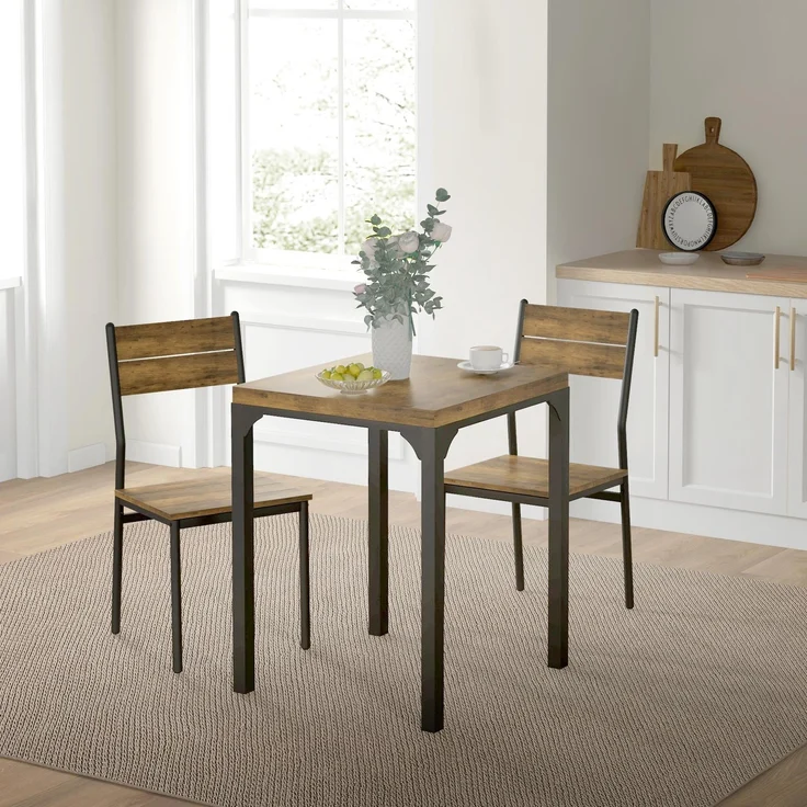 MELAYR, 3-teilige Essgruppe, Esstisch-Set, 1 Tisch, 2 Stühle, MDF+Metall, Braun, 60 x 60 x 76 cm, Rustikal-Braun – Bild 4