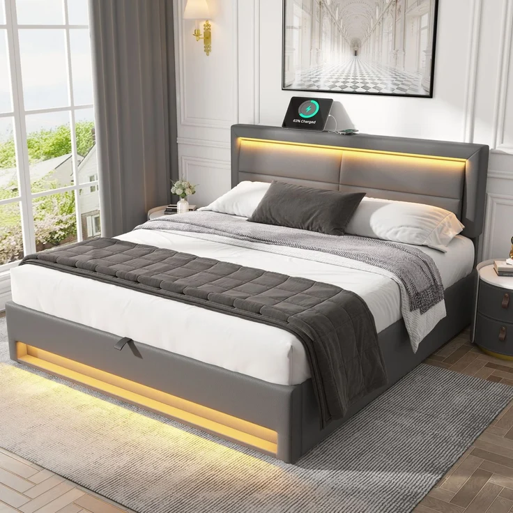 Merax Polsterbett, Doppelbett, 140x190 cm, mit USB-Anschluss (unterstützt kabelloses und kabelgebundenes Laden), LED-Beleuchtung und Stauraum, PU, grau – Bild 3
