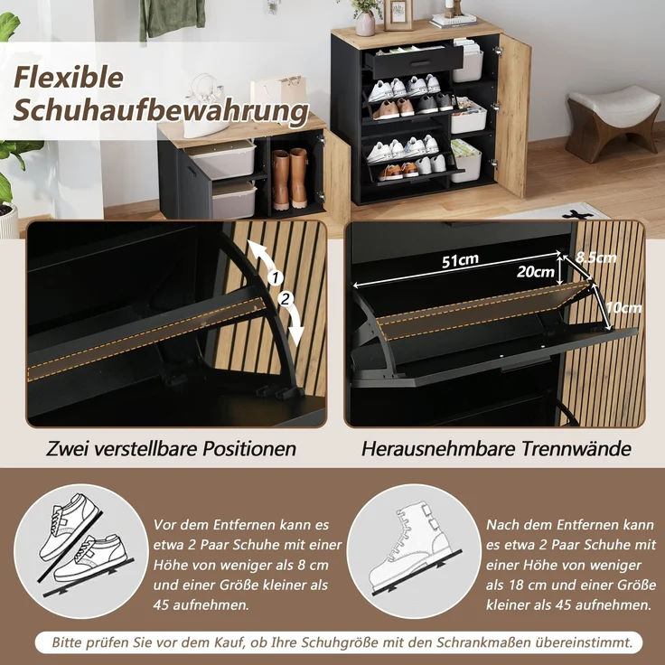 Garderoben-Set, Schrank, Kommode, Spiegel, 2 Schuhschrank, ohne Dekoration, Garderobenpaneel mit Spiegel, Hutablage und 4 Haken,Schuhschrank mit Schuhbank, Flur mit Stauraumtrennwand--Natürlich--96.77x43.82x20.5cm--YOUDENOVA – Bild 9