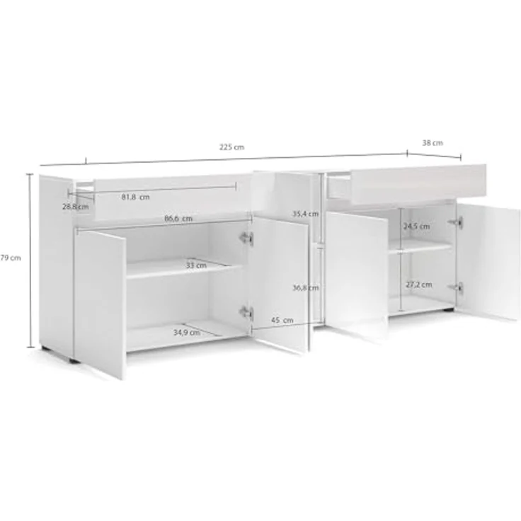 Dmora - Kommode Bethal, Wohnzimmerbuffet, Wohnzimmer-Sideboard, Moderne Küchen-Speisekammer, Made in Italy, 225x38h79 cm, Glänzendes Weiß – Bild 2