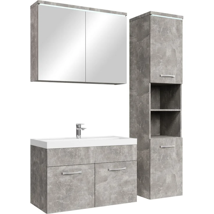 Badplaats Badmöbel Komplettset Paso LED 80 x 40 cm Beton Grau - Badezimmermöbel mit Waschbecken, Spiegelschrank und Badezimmerschrank – Bild 1