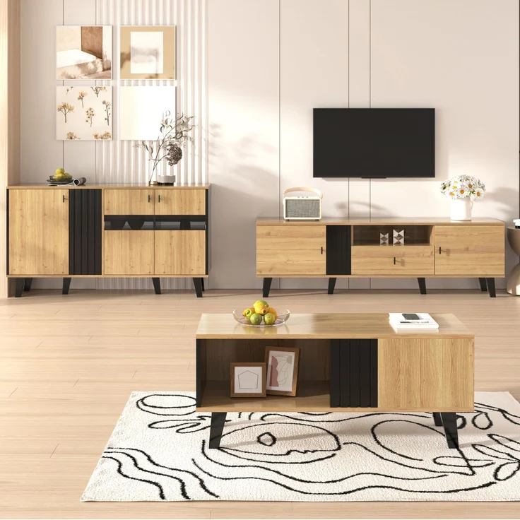DESVIAE Sideboard-Set 3-tlg. mit LED-Beleuchtung und Stauraum, Spanplatte/Glas, Schwarz/Holzfarbe, 140x78,5x41 cm – Bild 1