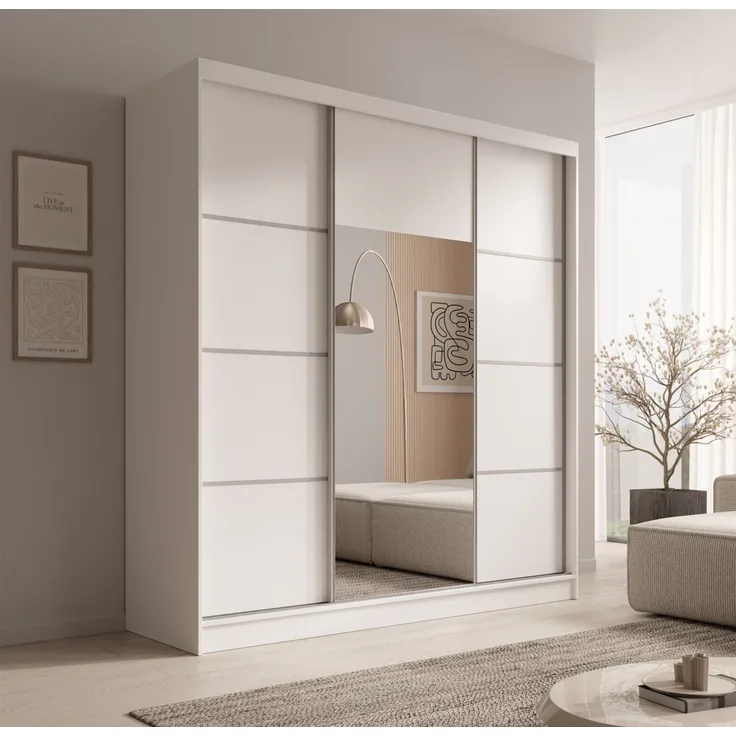 Schiebetürenschrank Schrank ALFA in Weiß- Tür Applikation Silber 200x215x61 cm