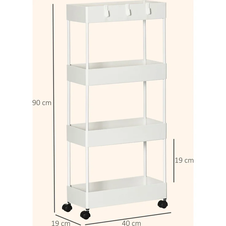 Küchenwagen mit 4 Regalen, 4 flexiblen Haken, 4 Rollen, 40 cm x 19 cm x 90 cm, Nischenwagen, Weiß--Weiß--40x19x90cm--YOUDENOVA – Bild 5