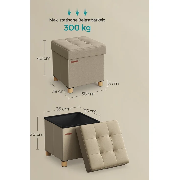 Songmics Sitzhocker mit Stauraum, kleine klappbare Sitzbank, 38x38 cm Fußbank, Aufbewahrungsbox, bis 300 kg belastbar, für Wohnzimmer Schlafzimmer Schlafsaal, Kamelbraun – Bild 3