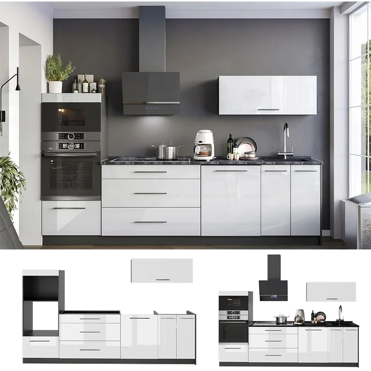 Küchenzeile Fame-Line Weiß Hochglanz/Anthrazit 280 cm, AP Marmor Vicco – Bild 4