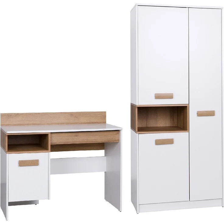 Marmex Möbel Grant Set-P Jugendzimmer-Set 2-teilig mit Kleiderschrank mit Kleiderstange, Schreibtisch, Kinderzimmermöbel mit Schreibtisch, laminierte Spanplatte, Kleiderstange, weiß+riviera Eiche, 198x195x55 cm – Bild 4