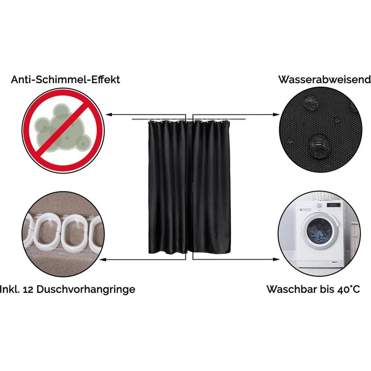 ZOLLNER Duschvorhang mit 12 Ringe zur Befestigung, 180x200 cm, schwarz – Bild 2
