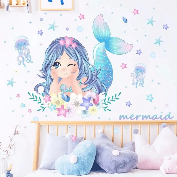 Montegoni Wandtattoo Kinder Wandsticker,Selbstklebende (Wandaufkleber Meerjungfrau,Quallen,Seesterne und Blumen, Deko Kindergarten Home Dekoration), wandtattoo für Mädchenzimmer,Babyzimmer – Bild 1
