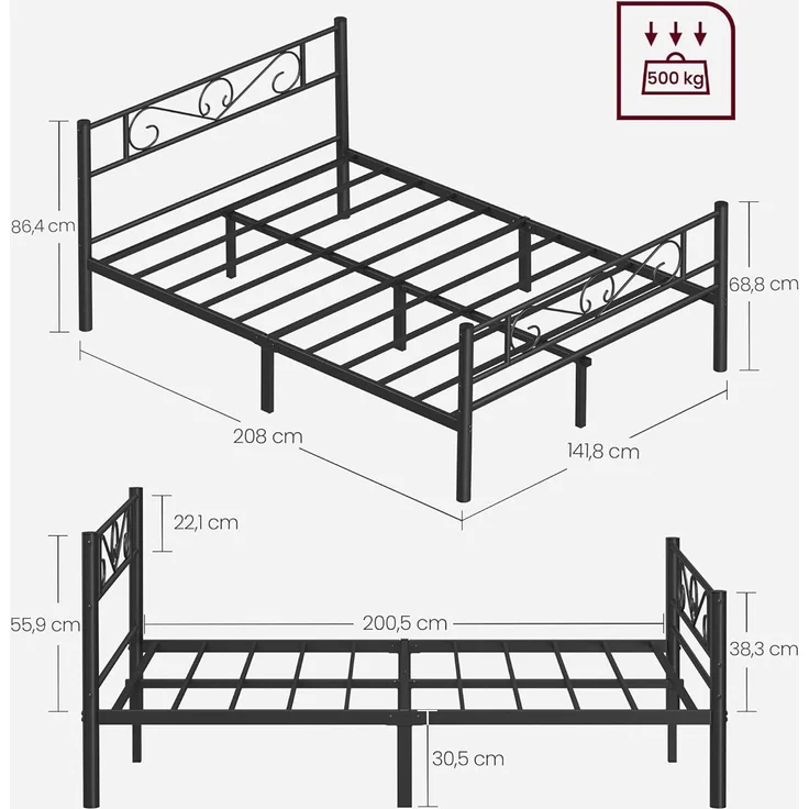 VASAGLE Bett 140 x 200 cm, Gästebett, Doppelbett aus Metall, Bettgestell, Bettrahmen, Metallbett, einfache Montage, tintenschwarz – Bild 2