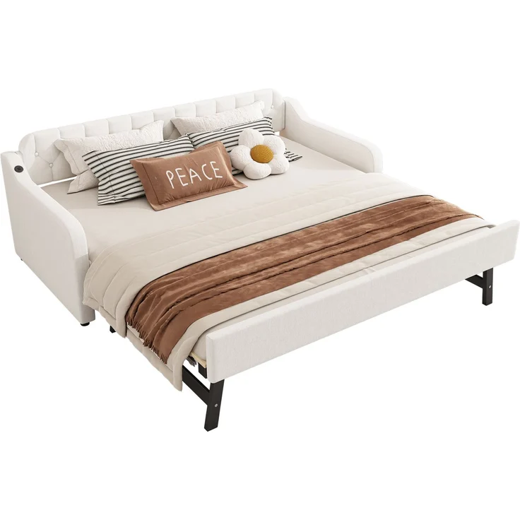 Schlafsofa 90x200 cm Tagesbett ausziehbar mit Rollbett,USB-Anschluss,mit Schlafgelegenheit, multifunktionales Gästebett,Beige – Bild 6
