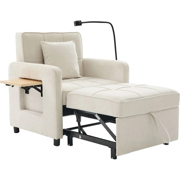 LVHOM Multifunktionaler Schlafsessel mit klappbarer Ablage, Ausziehbares 1-Sitzer Schlafsofa mit Handyhalter und Seitentaschen, Loungesessel, Beige – Bild 2