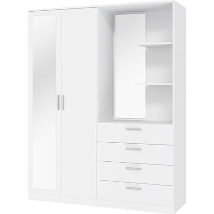 FORTE DEWANIA Kleiderschrank 160, Schrank mit offenen Regalfächern und Spiegel, Holzwerkstoff, Weiß, 159,3 cm breit, 203,4 cm hoch, 52,7 cm tief – Bild 10