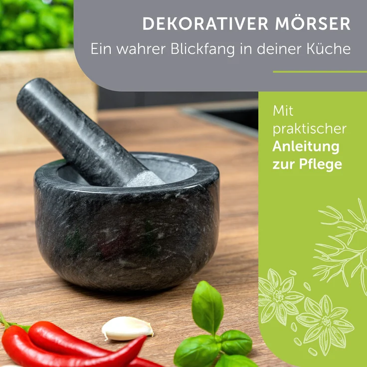 madeco Mörser mit Stößel Marmor Ø 14 cm - Perfekt geeignet für Gewürze, Kräuter & Nüsse - Steinmörser Set mit praktischem Antirutsch-Pad - Design Marmor Mörser & Stößel groß – Bild 2