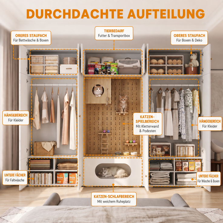 Kleiderschrank, Garderoben-Set Garderobe, Haustierschrank, 270 x 50 x 200 cm, mit 1 Kleiderstange und Katzenkletterwand, für Schlafzimmer, Wohnzimmer und Flur, Weiß+Holzoptik--Weiß, Holz--270x50x200cm--YOUDENOVA – Bild 9