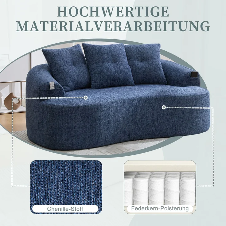 LVHOM 2-Sitzer Sofa mit 3 Kissen, Cloud Sofa mit komprimiertem Design, kein Aufbau erforderlich, Doppelsofa aus Chenille, Blau – Bild 3