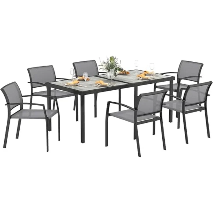 Outsunny Garten-Essgruppe für 6 Personen, Esstisch mit 6 Stapelbare Stühle, (Sitzgruppe, 7-tlg, Esszimmergruppe), mit Stahlgestell, für Terrasse, Balkon Grau – Bild 1
