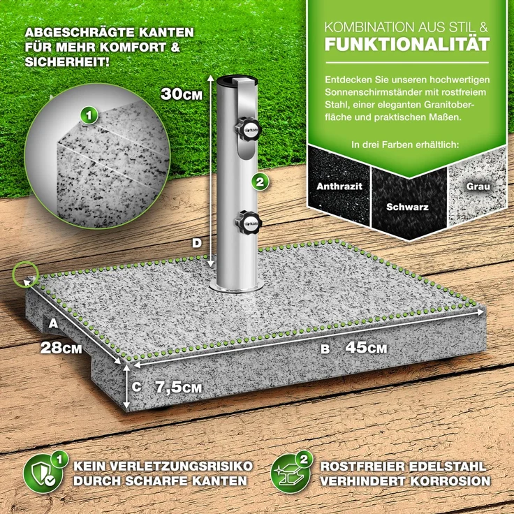 tillvex® Granit Sonnenschirmständer mit Transportgriff Grau - 27 kg Rechteckig | Schirmständer Sonnenschirm mit Edelstahlrohr | Balkonschirmständer für Schirmstöcke 16-48 mm & 300 cm Schirmdurchmesser – Bild 2