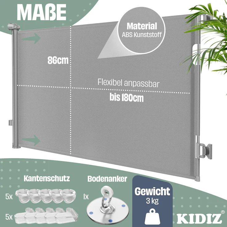 KIDIZ® Treppenschutzgitter Türschutzgitter ausziehbar bis 140/180cm | kindersicheres Treppengitter für Babys & Haustiere | Schutzgitter Treppen & Türen Absperrgitter inkl. Bodenanker & Montagezubehör Hellgrau, 0-180cm – Bild 2
