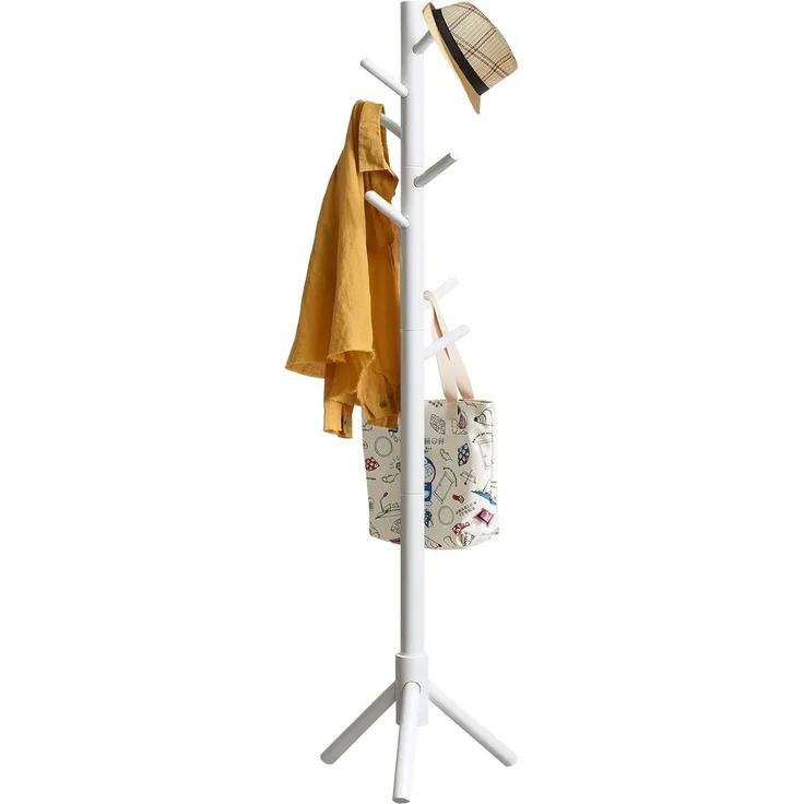 IBUYKE Garderobenständer, freistehender Kleiderständer, Massivholz Garderobe in Baumform mit 8 Haken, für Heim- oder Bürokleidung, Schals, Handtaschen, Weiß RF-1194