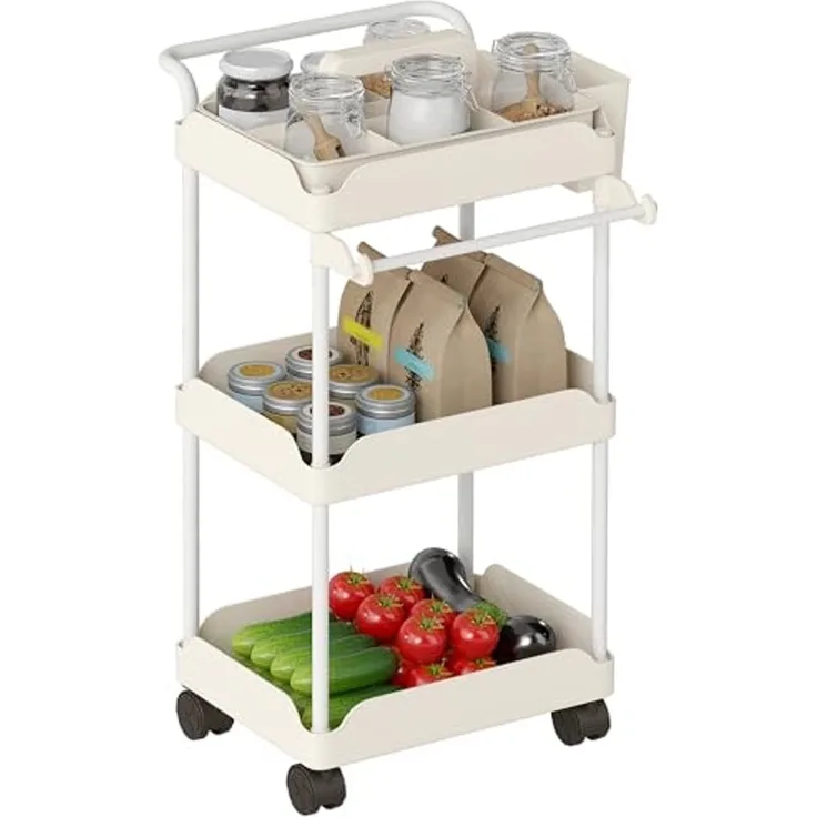 HOMCOM Küchenwagen mit 3 Ebenen, hängenden Körben, Tuchhalter, (Servierwagen, 1 St, Rollwagen), für Wohnzimmer Küche Bad Büro Weiß