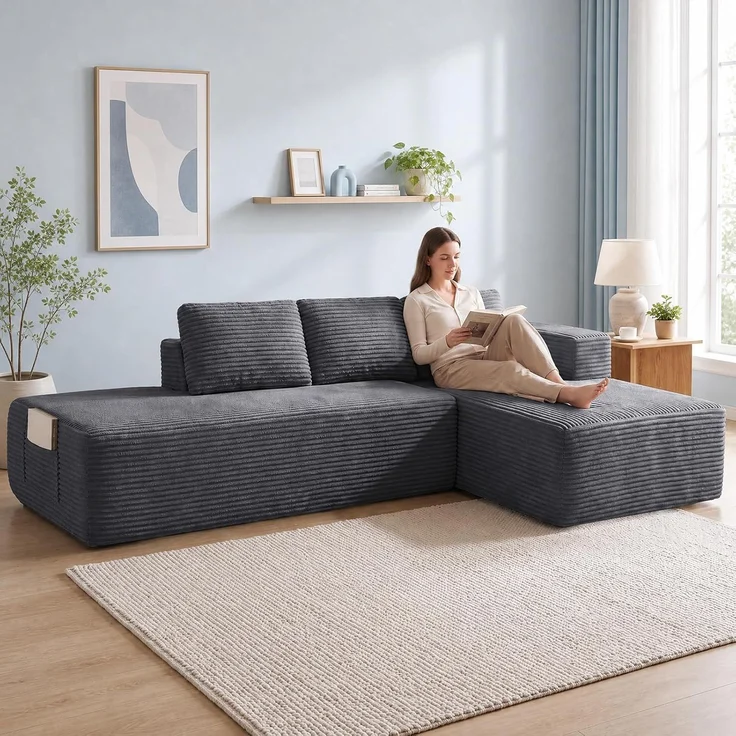 COMHOMA Ecksofa mit Schlaffunktion, 255cm Corduroy Modulares Boneless Couch mit Chaiselongue & Rücken-Metallgestell, L-Form Schlafsofa mit offenem Design, Kissen & Seitentaschen,für Wohnzimmer, Gris-L – Bild 5