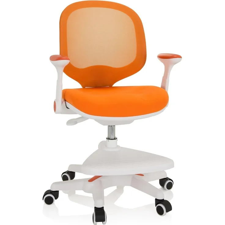hjh OFFICE 736418 Kinder Schreibtischstuhl Kid Ergo Stoff/Netz Kinderstuhl mit Fußablage, Armlehnen klappbar, Orange/Weiß