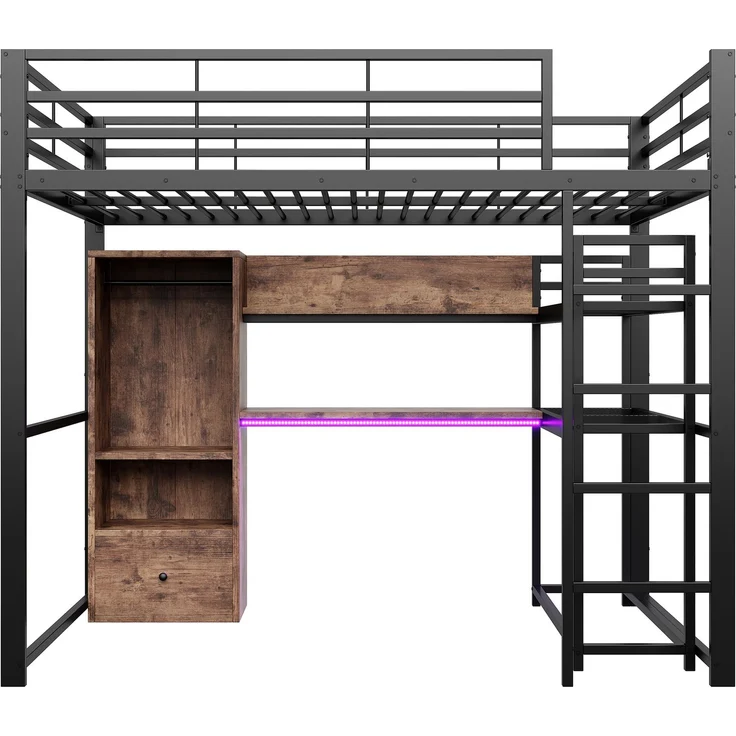 Hochbett, 140x200 cm , Metallbett, Mit LED-Leuchten, Schreibtisch, 1 Schubladen, Regale, Geländer, Treppe, ohne Matratze, Schwarz – Bild 10
