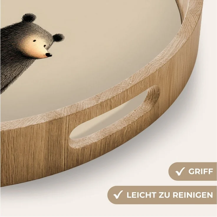 OnlyWow Tablett Rund mit Henkel Bär - Dunkelbraun - Minimalistisch, Eichenholz, (1-tlg), Siervierplatte, Tray, Frühstücksbrett – Bild 3