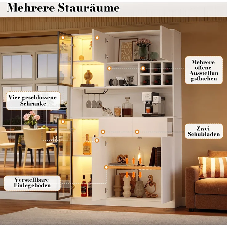 Hochschrank Vitrine 120×33×200cm, Wohnzimmer Schrank mit 6 Türen, 2 Schubladen, LED‑Beleuchtung, offenen Fächern, Hartfaserplatte & gehärtetem Glas, Weinschrank für Wohn‑ und Esszimmer – Bild 6