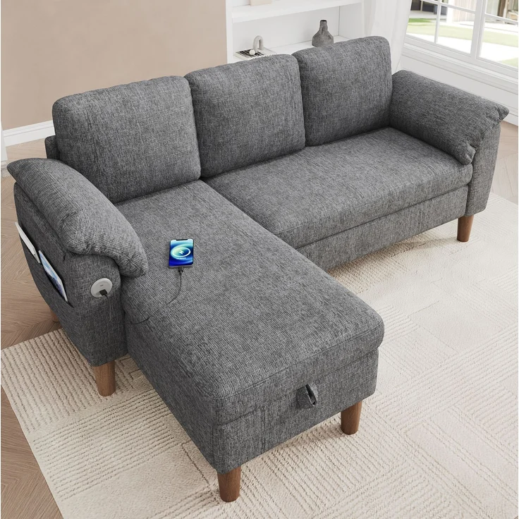 DESVIAE Sofa Ecksofa Hellgrau aus Chenille – 181x88x125 cm – Stauraum, USB-/Type-C-Anschluss – Bild 3