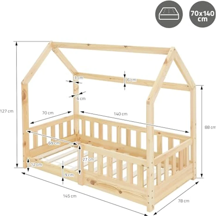ML-DESIGN Kinderbett Hausbett Spielbett inkl. Lattenrost kreativ Bodenbett für Kinder, Abenteuerbett mit Rausfallschutz Spielbett Kiefer Natur Himmelbett – Bild 3