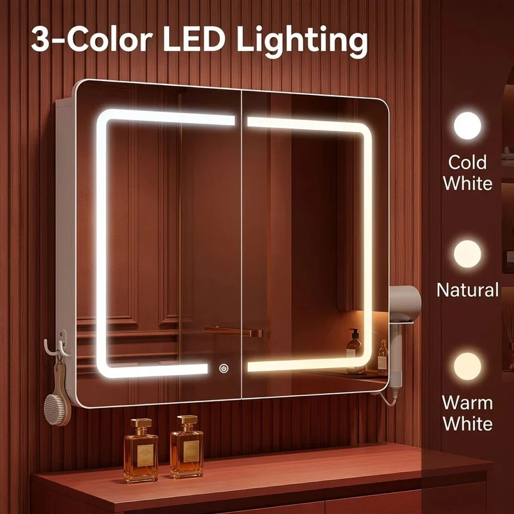 Halupeit Weißer, hochauflösender Spiegelschrank mit dreifarbiger LED-Beleuchtung, verstellbaren Einlegeböden, Föhnhalterung und Haken, 70,5 x 17 x 60,5 cm – Bild 3