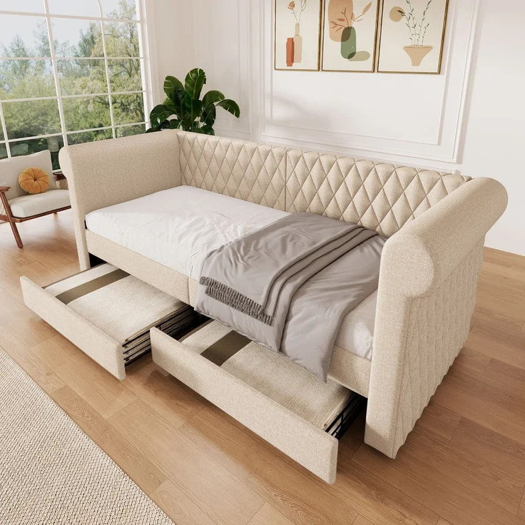 Schlafsofa aus Leinen mit 2 Schubladen & Lattenrost, 90x200 cm, Beige, ohne Matratze – Bild 4