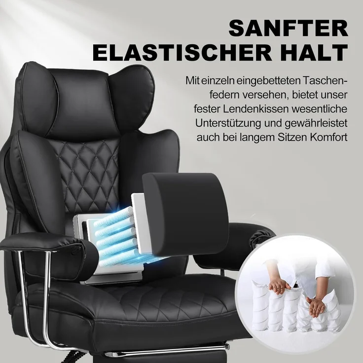 GTPLAYER Gaming Stuhl, Bürostuhl mit Taschenfeder-Lendenwirbelstütze, breiter Büro-Computersessel mit nach außen fixierten weichen Armlehnen und Fußstütze, 180KG, Leder Schwarz – Bild 3